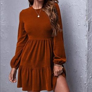 Boho rust ruffle hem ribbed knit fall  dress